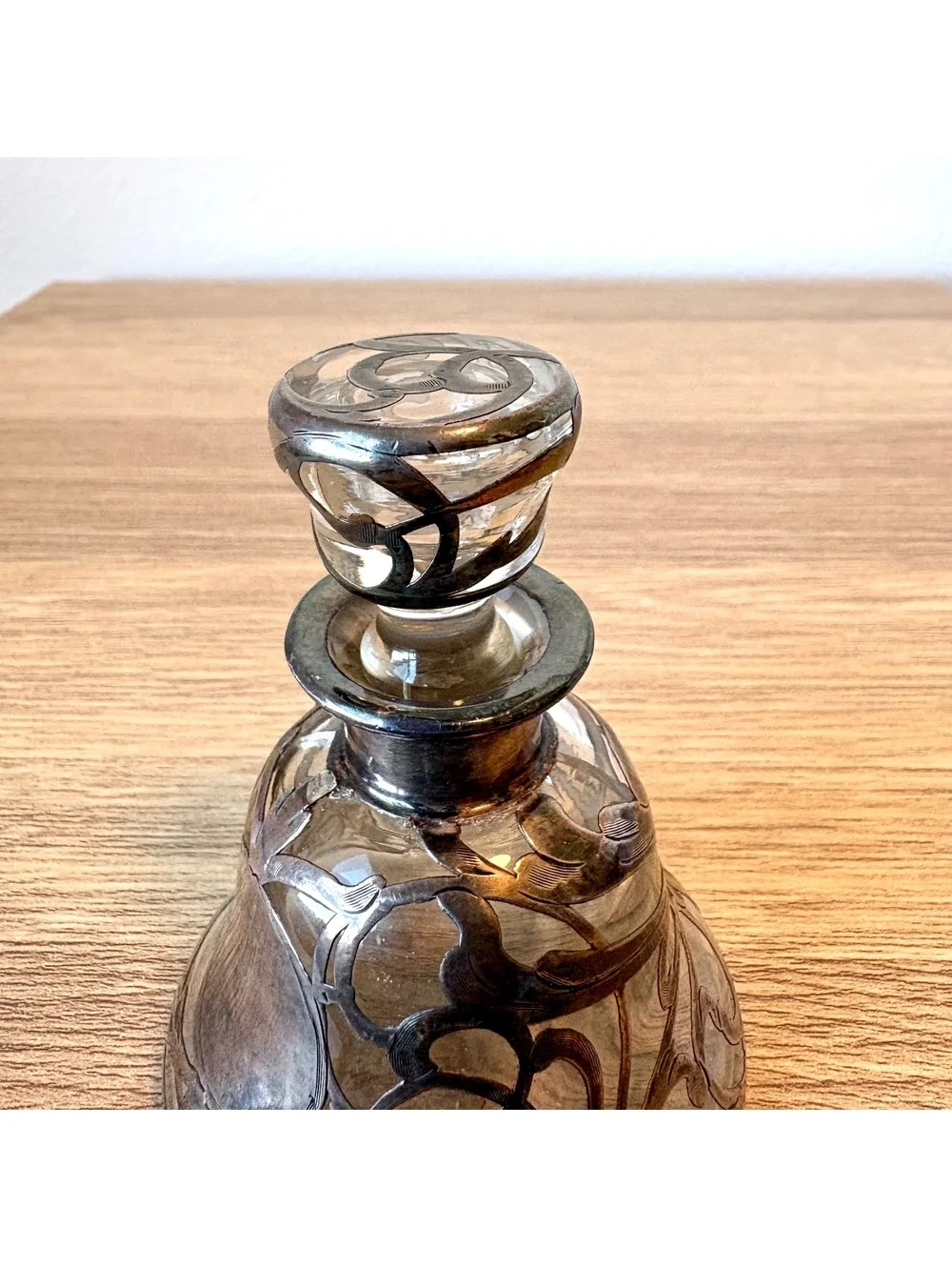 Antique 999 Fine Silver Overlay Perfume Bottle Decanter Glass Stopper